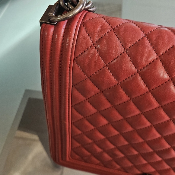 CHANEL XL Red Leather Boy Chain Link Shoulder Crossbody Bag Purse Diamond - Picture 13 of 16